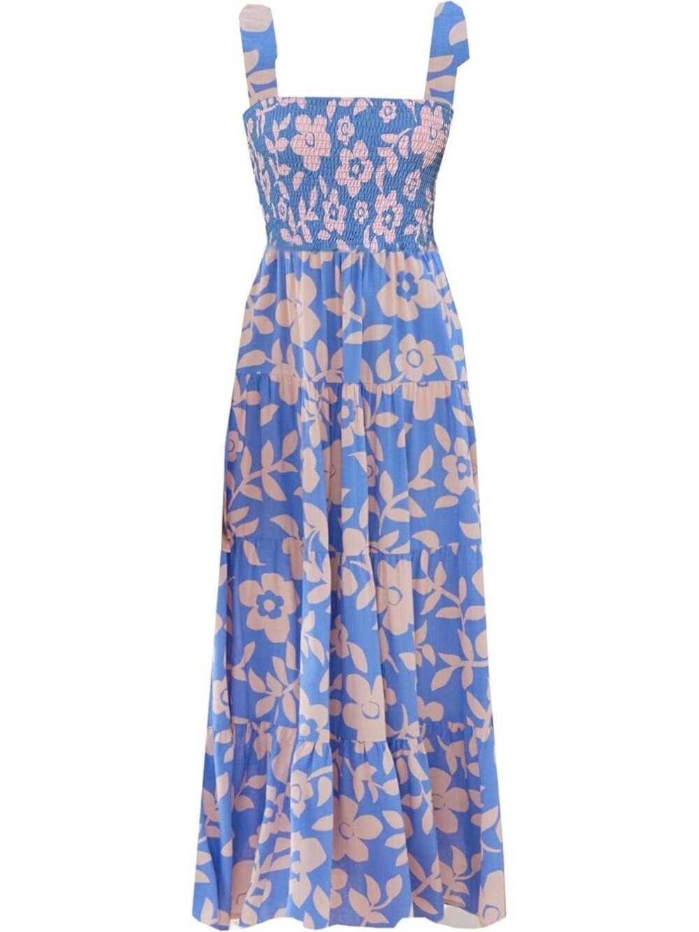 Women's Blue Pink Sleeveless Square Neck Ruffle Flowy Imported Maxi Dress